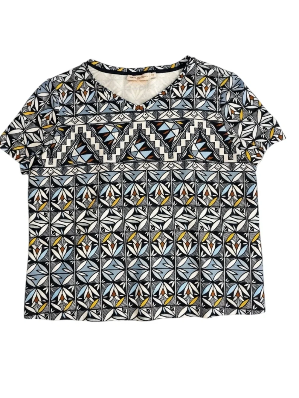 Tory Burch Geometric Print Short Sleeve Top Size M Navy Blue Orange